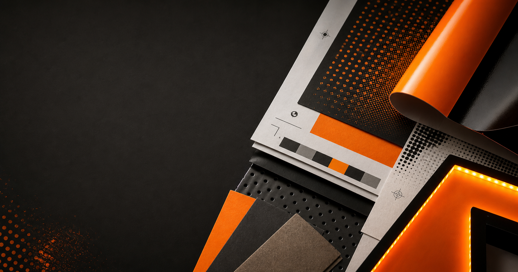 Composição gráfica nas cores laranja, preto e branco da identidade da WD